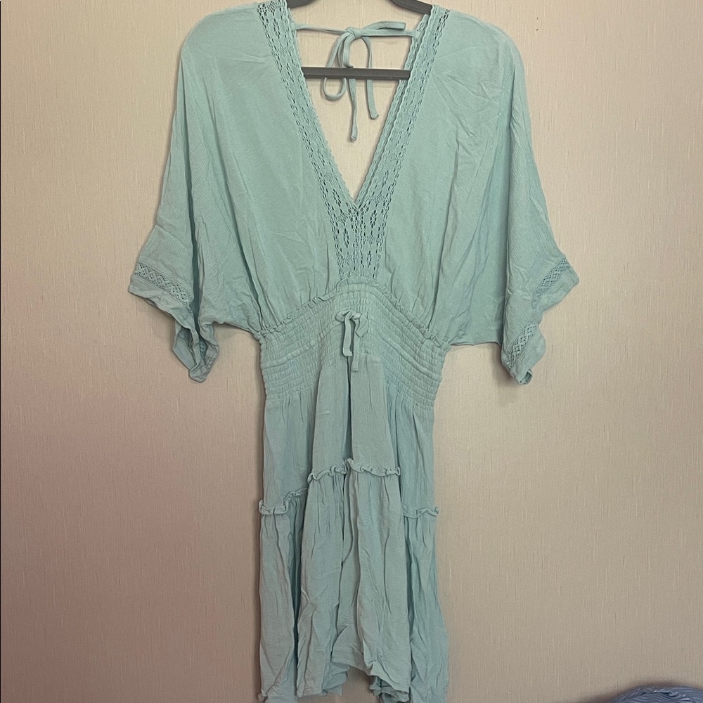 Lovestitch small blue lace crochet smocked dress rayon v neck tie back